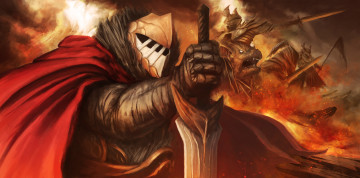 Картинка фэнтези люди меч пламя существа битва рыцари