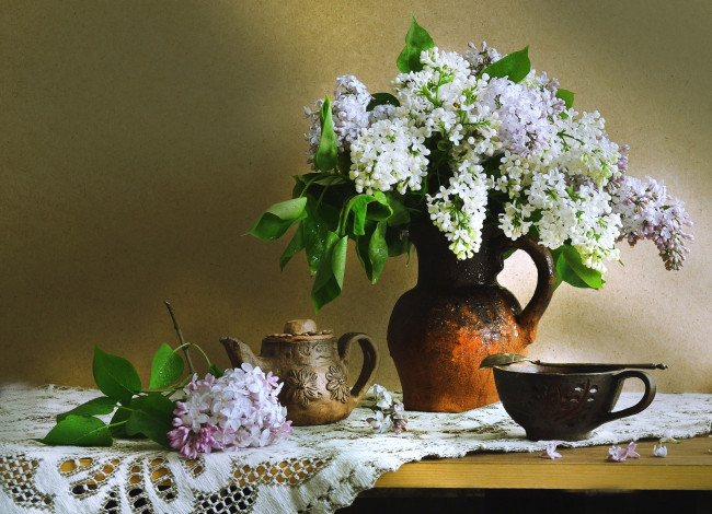 Обои картинки фото цветы, сирень, букет, керамика