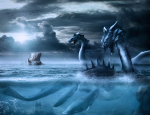 Картинка фэнтези существа морское чудовище корабль море арт