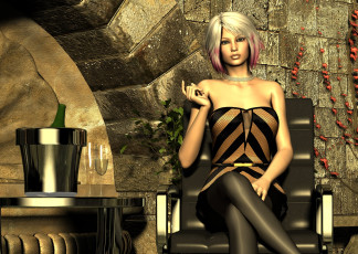 Картинка 3д+графика люди+ people взгляд девушка шампанское бокал кресло фон