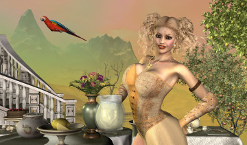 Картинка 3д+графика люди+ people лестница горы растение попугай цветы взгляд фрукты лимон девушка улыбка фон ваза кувшин