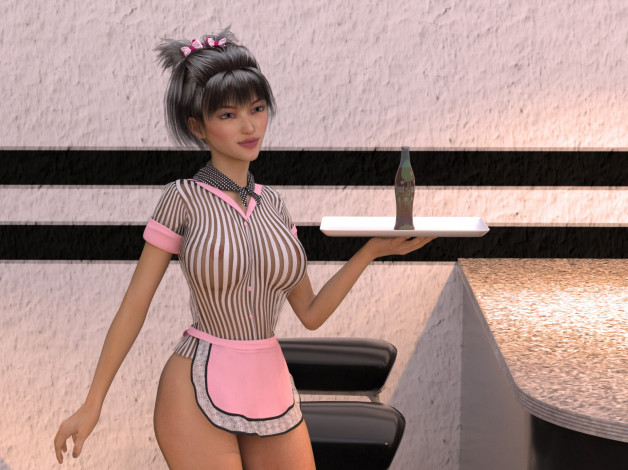 Обои картинки фото 3д графика, люди , people, поднос, фон, взгляд, девушка