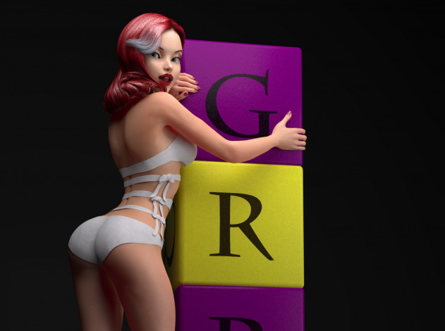 Обои картинки фото 3д графика, люди , people, кубики, рыжая, фон, взгляд, девушка