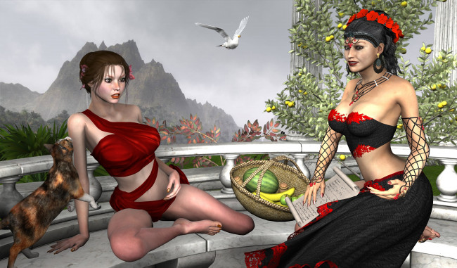 Обои картинки фото 3д графика, люди , people, фрукты, птица, кот, фон, взгляд, девушки