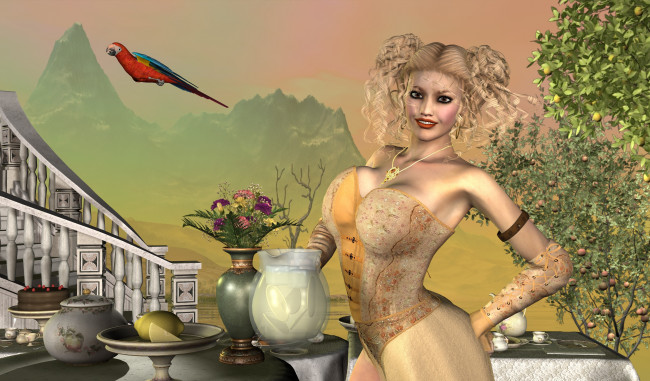 Обои картинки фото 3д графика, люди , people, лестница, горы, растение, попугай, цветы, взгляд, фрукты, лимон, девушка, улыбка, фон, ваза, кувшин