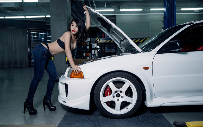 Обои картинки фото автомобили, -авто с девушками, автомобиль, фон, взгляд, девушка, азиатка