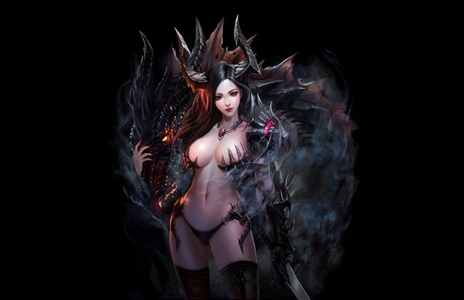 Обои картинки фото фэнтези, красавицы и чудовища, эротика, фантастика, взгляд, девушка, меч, оружие, дракон, черный, фон