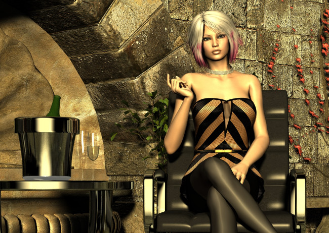 Обои картинки фото 3д графика, люди , people, взгляд, девушка, шампанское, бокал, кресло, фон