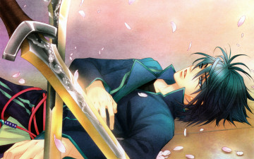 Картинка аниме оружие +техника +технологии клинки меч лепестки руки