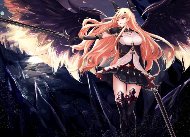 Обои картинки фото shingeki no bahamut, аниме, взгляд, девушка, меч, фон