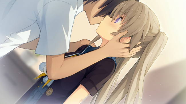 Обои картинки фото аниме, aokana, парень, взгляд, девушка, фон