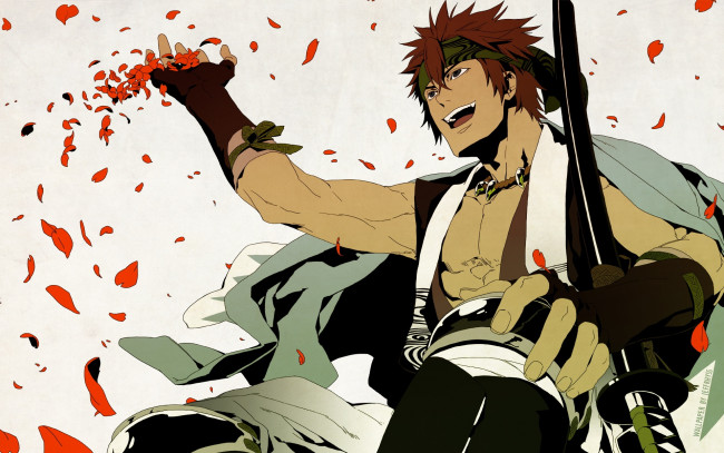 Обои картинки фото аниме, hakuoki, лепестки, парень