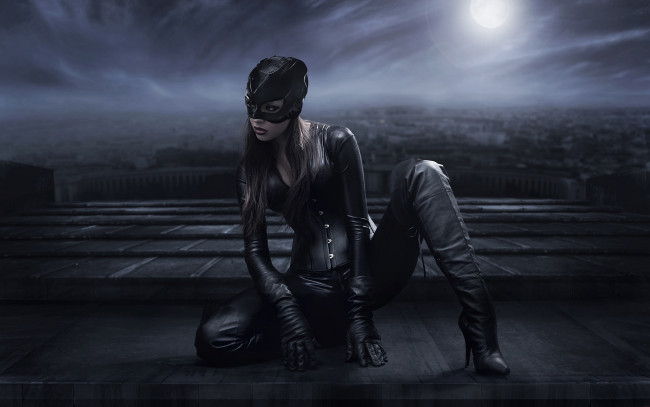 Обои картинки фото фэнтези, фотоарт, кожа, латекс, женщина, кошка, девушка, крыша