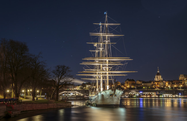 Обои картинки фото корабли, парусники, причал, ночь