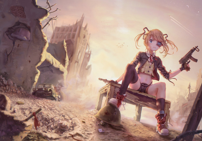 Обои картинки фото girls frontline, аниме, оружие,  техника,  технологии, девочка, руины