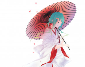 Картинка аниме vocaloid кимоно белый фон закрытые глаза заколка голубые волосы лепестки зонт вокалоид hatsune miku
