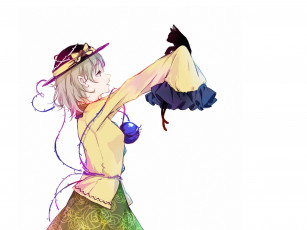 Картинка аниме touhou art kagari rin kaenbyou черная кошка два хвостика бант project komeiji koishi профиль белый фон шляпа проект восток
