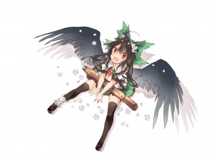 Картинка аниме touhou project reiuji utsuho черные крылья смотрит вверх цветочки белый фон чулки art третий глаз тень сидит проект восток