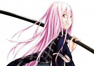 Картинка аниме ikki+tousen белый фон школьница шарф бинт школьные войны катана ikki tousen yuji shiozaki розовые волосы art полоборота