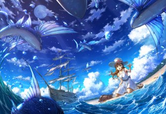 Картинка аниме животные +существа фон взгляд девушка