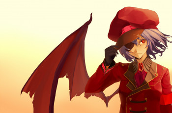 Картинка аниме touhou remilia scarlet project вампирша повязка на глаз фуражка черные крылья проект восток красные глаза военная форма