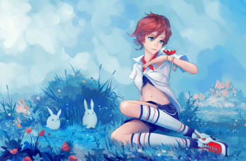 Картинка аниме unknown +другое бабочка поза природа синие глаза девушка взгляд арт стрижка