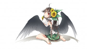 Картинка аниме touhou белый фон project босая reiuji utsuho черные крылья art сидит подсолнухи спина тень toutenkou полоборота проект восток