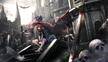 Картинка аниме touhou кресты эшафот ryosios hecatia lapislazuli готика черные вороны мрачное место art мечи цепи черепа жертва дракон кровь