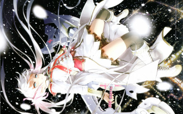 Картинка аниме unknown +другое чулки катана happoubijin длинные белые волосы шнуровка звездное небо военная форма сапоги девочка art