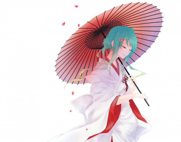 Обои картинки фото аниме, vocaloid, кимоно, белый, фон, закрытые, глаза, заколка, голубые, волосы, лепестки, зонт, вокалоид, hatsune, miku