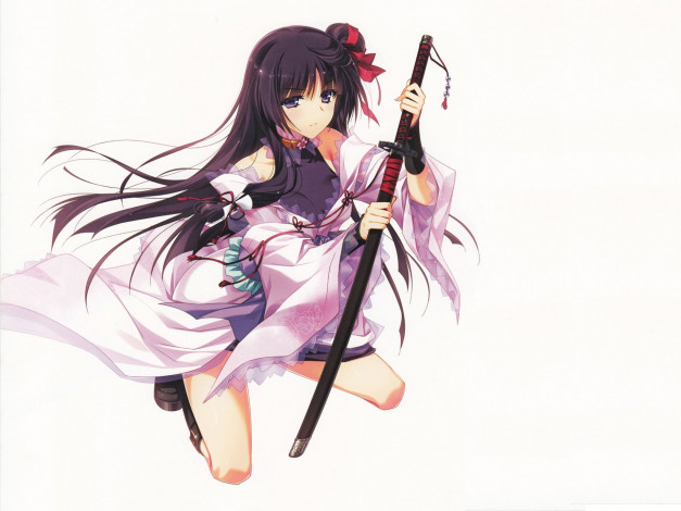 Обои картинки фото аниме, оружие,  техника,  технологии, на, коленях, art, белый, фон, девочка, катана, японская, одежда, длинные, волосы, ignis, no, meiyaku, kishi, minato, yasaka, сидит