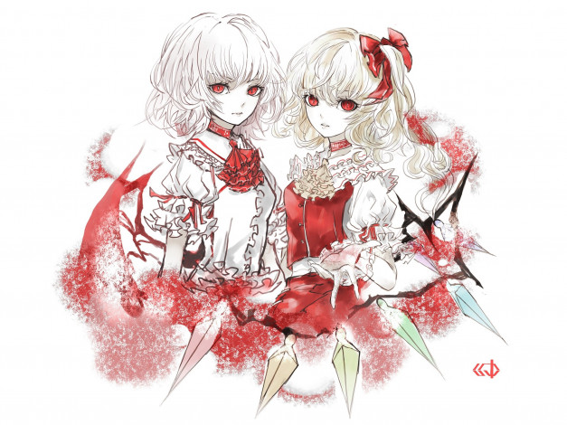 Обои картинки фото аниме, touhou, кристаллы, крылья, белый, фон, flandre, scarlet, yutapon, проект, восток, remilia, art, оборки, project, сестры, красные, глаза