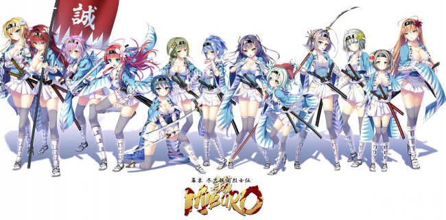 Обои картинки фото аниме, miburo, кровь, отряд, art, длинные, волосы, повязка, на, лоб, shinsengumi, visual, novel, белый, фон, чулки, веер, мини-юбка, бойкие, девчонки, знамя, nui, вакидзаси, катаны