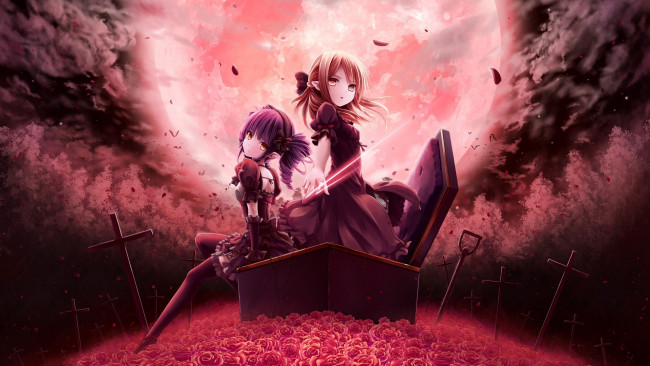 Обои картинки фото аниме, unknown,  другое, вампиры, кладбище, пробуждение, полнолуние, гроб, кровавая, луна, летучие, мыши, кресты, тучи, ночь, черная, магия