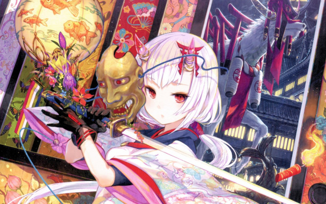 Обои картинки фото аниме, оружие,  техника,  технологии, маска, ворота, тории, олень, катана, fujiwara, красные, глаза, art, ёкай, узор, рога, фонари