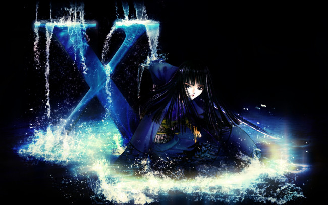 Обои картинки фото аниме, оружие,  техника,  технологии, японка, clamp, art, arashi, kishuu, тьма, брызги, катана, черная, магия