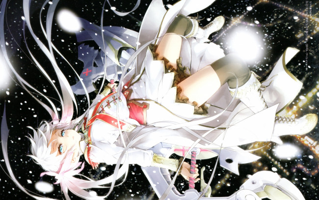 Обои картинки фото аниме, unknown,  другое, чулки, катана, happoubijin, длинные, белые, волосы, шнуровка, звездное, небо, военная, форма, сапоги, девочка, art