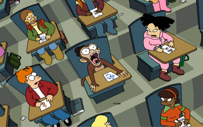 Обои картинки фото мультфильмы, futurama, аудитория, столы, люди, обезьяна