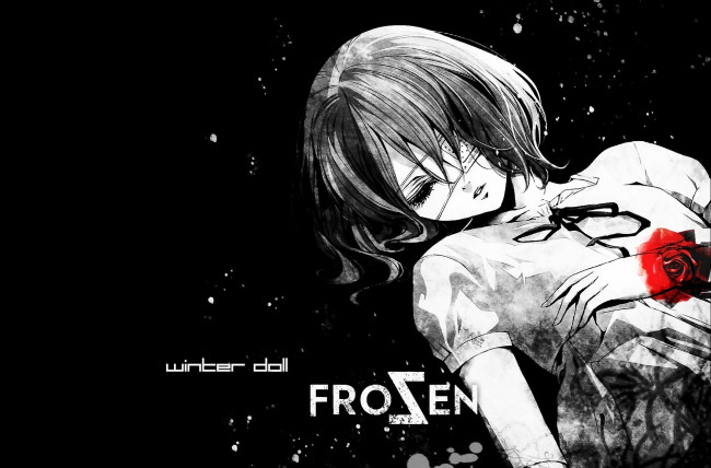 Обои картинки фото аниме, another, заморозка, пятна, кровь, winter, doll, misaki, mei, одиночество, темнота, иная, повязка, на, глаз