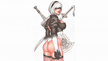 Картинка видео+игры nier +automata девушка фон униформа оружие маска