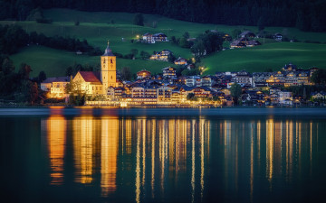 Картинка города -+пейзажи берег огни вечер австрия поля река природа st wolfgang дома деревья