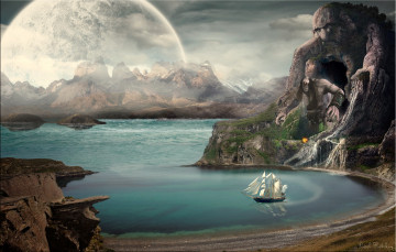 Картинка фэнтези фотоарт бухта парусник