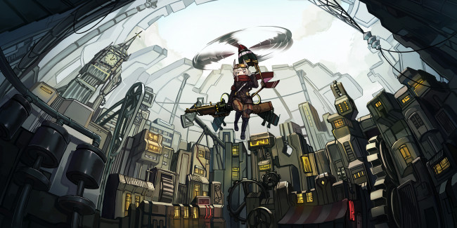 Обои картинки фото аниме, оружие,  техника,  технологии, город