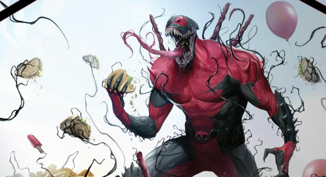 Обои картинки фото рисованное, комиксы, costume, комикс, костюм, дэдпул, marvel, deadpool, comics, шарики, шары, balls, симбиот, teeth, Язык, еда, food, зубы, symbiote, tongue, venom, марвел, веном