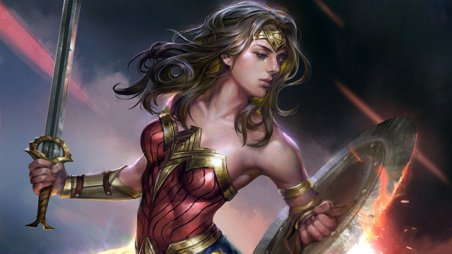 Обои картинки фото рисованное, комиксы, wonder, woman, Чудо-женщина, супергероиня, комиксов, fan, art, арт, jeremy, chong