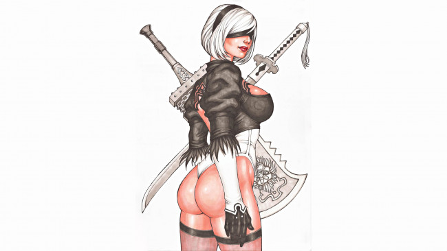 Обои картинки фото видео игры, nier,  automata, девушка, фон, униформа, оружие, маска