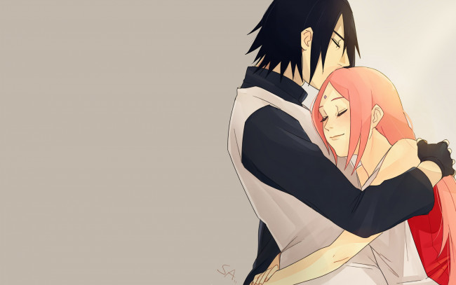 Обои картинки фото аниме, naruto, сакура, саске, учиха, пара