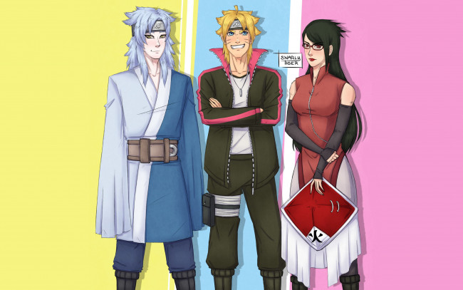 Обои картинки фото аниме, naruto, шляпа, сарада, боруто, мизуки, шиноби