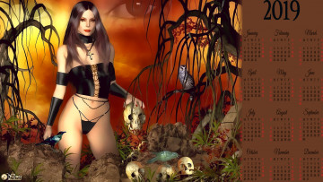 Картинка календари 3д-графика дерево птица череп девушка