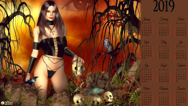 Обои картинки фото календари, 3д-графика, дерево, птица, череп, девушка